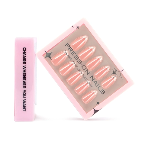 Unghie Finte Press On Francesi Forma Mandorla Lucido Rosa Nude Corto Per Donne Manicure Elegante Semplice