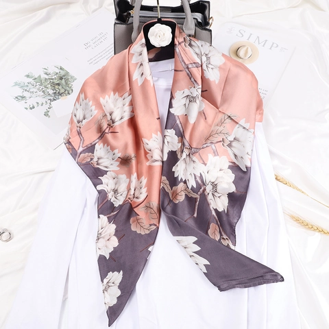 Elegant Floral Print Satin Square Scarf Retro Smooth Satin Feel Headscarf Sun Protection Shawl For Women