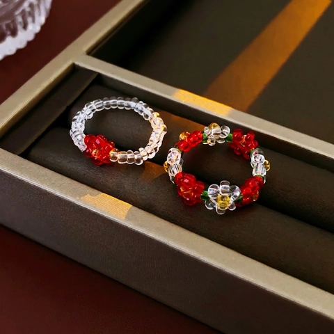 Handgefertigter Perlenring Mit Blumen Bunten Glasperlen Elastisch Einfacher Modischer Süßer Schmuck Für Damen Mädchen