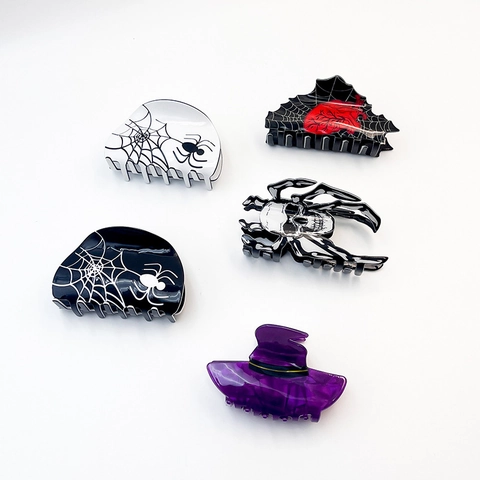Halloween Hair Claw Clips Acrylic Spider Web Skull Witch Hat Gothic Ghost Party Hair Accessories For Women Girls