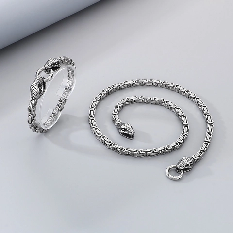 Stainless Steel Necklace And Bracelet Byzantine Chain Double Snake Head Rock Punk Style For Men