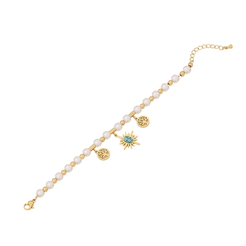 Edelstahl Weiß Künstliche Perlenarmband Für Damen Mit Böser Blick Blume Münze Römische Ziffer Anhänger Verstellbar Boho Schmuck