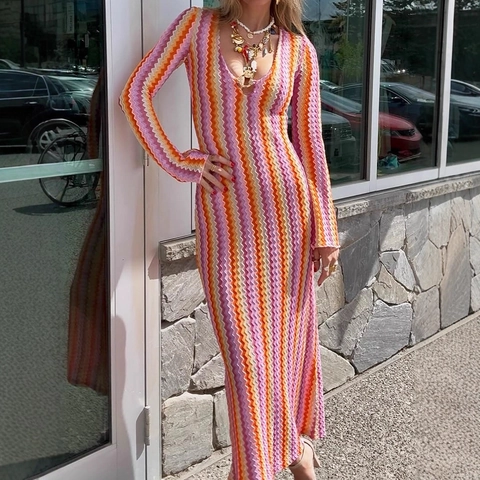 Women Zigzag Muster Strick Maxi Kleid Tiefer V Ausschnitt Langarm Schlank Passform Böhmischen Retro Stil Resort Lange Kleider