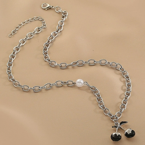 Collana Con Pendente Ciliegia Nera Lega Catena A Maglie Grosse Con Perla Artificial Gioielli Stile Hip Hop Y2K Per Donna