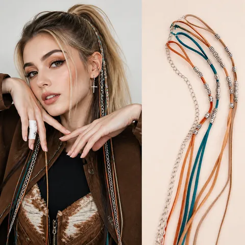 Bohemian Hair Extension Clip Suede Braiding Rope With Metal Beads Chain Tassels Ethnic Vintage Hair Accessories For Women