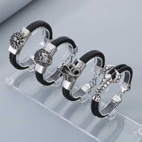 Bracciale Da Uomo In Pelle Bovina Intrecciata Con Animale In Acciaio Inossidabile 316L Leone Scorpione Ragno Punk
