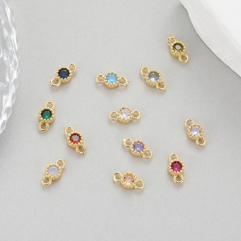 14K Gold Plated Copper Round Colored Zircon Pendants DIY Connectors For Necklace Bracelet Jewelry Making Women Accessories
