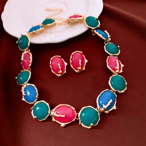Set Di Gioielli Vintage Collana E Orecchini In Lega Placcata Oro Con Resina Colorata Stile Ovale Per Donne