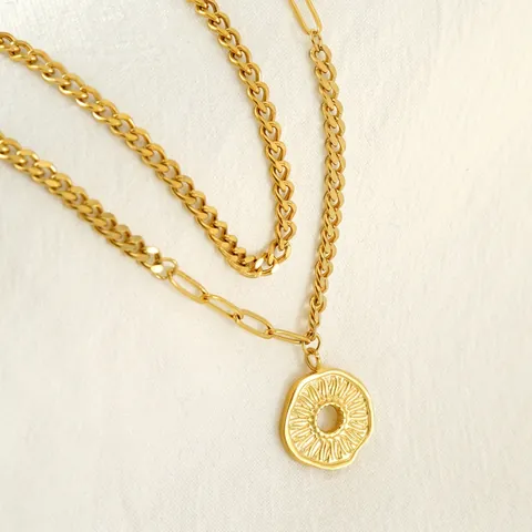 Collana In Acciaio Inossidabile Doppio Strato Placcata Oro 18K Pendente A Disco Strutturato Tondo Gioielli Vintage Donna