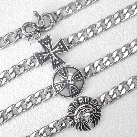 Bracciale A Catena Cubana Acciaio Inossidabile Punk Hip Hop Serpente Croce Indiano Vintage Tono Argento Gioielli Per Uomini Donne