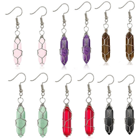 Boucles d'Oreilles Pendantes Crochet Prisme Hexagonal Cristal Enveloppé de Fil de Cuivre Fait Main Boho Bijoux d'Oreille Géométriques Unisexe