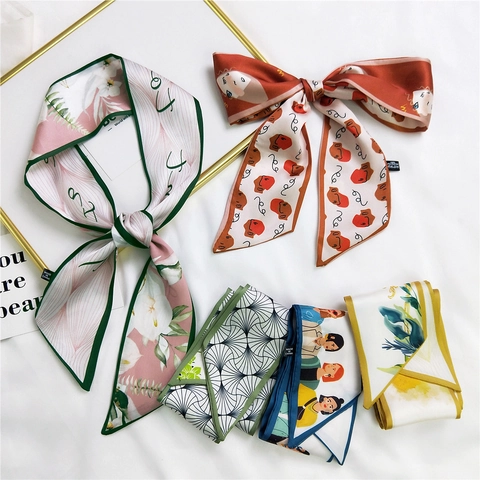 Sciarpa Sottile In Raso Di Raso Donna Ritratto Artistico Stampa Floreale Nastro Per Capelli Foulard Da Collo Accessorio Per Borsa Stile Francese