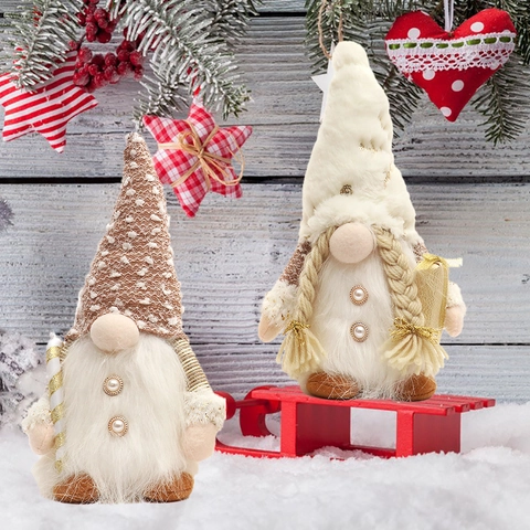 Gnomo De Navidad Peluche LED Iluminado Adorno Tomte Nórdico Base De Madera Gorro De Punto Piel Sintética Decoración Mesa
