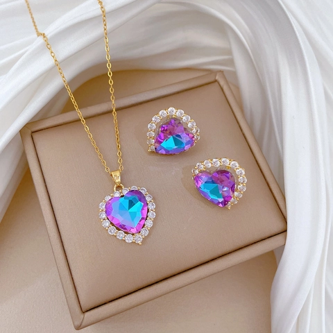 Elegant Heart Shape Gradient Crystal Pendant Necklace And Earrings Jewelry Copper Titanium Steel For Women Girls