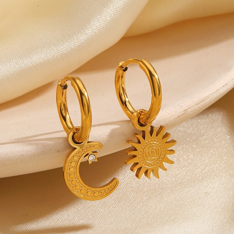 Boucles Oreilles Créoles Asymétriques Soleil Lune Acier Inoxydable Plaqué Or Zircon Bohème Bijoux Pour Femmes