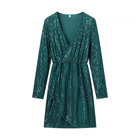 V Neck Sequin Long Sleeve Mini Dress Slim Fit Party Evening Clubwear Wrap Irregular Hem Elegant Sparkly For Women
