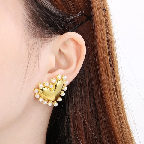 Western INS Stainless Steel Heart Stud Earrings 18K Gold Plated Inlaid Rhinestone Artificial Pearl Elegant Earrings For Women Jewelry