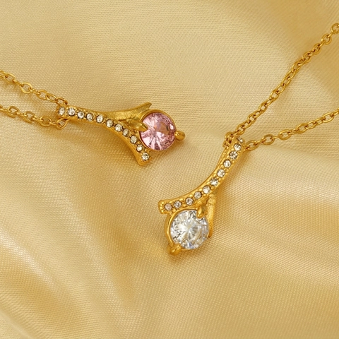 Élégant Collier Pendentif Zircon Acier Inoxydable Plaqué Or 18K Pierre Ronde Goutte Eau Design Bijoux Pour Femmes