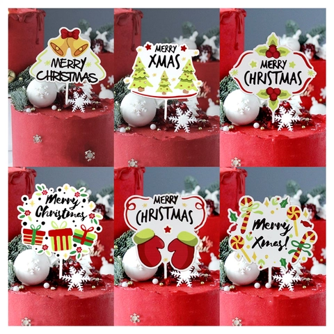 Merry Christmas Cake Topper Acrylic Printed Festive Tree Bell Gift Box Pattern Dessert Decoration Party Supplies