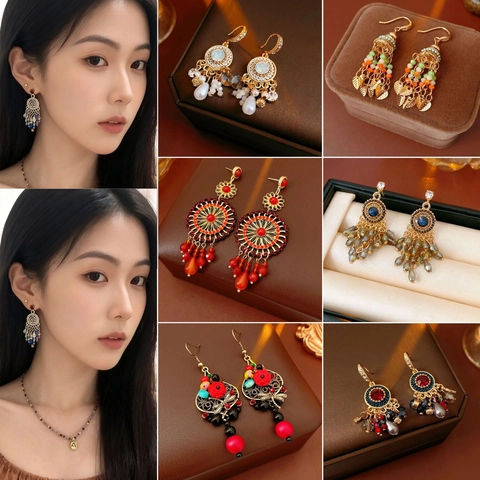 Vintage Bohemian Long Tassel Dangle Earrings For Women Alloy Crystal Beads With 925 Sterling Silver Earring Post Ethnic
