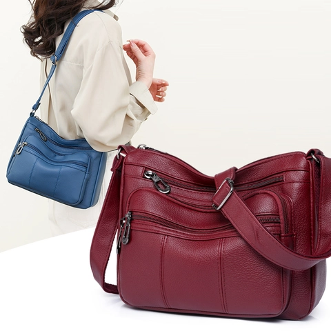 Borsa A Tracolla Donna Multi Tasche Morbida Pelle PU Grana Litchi Tracolla Regolabile Grande Capacità Retro