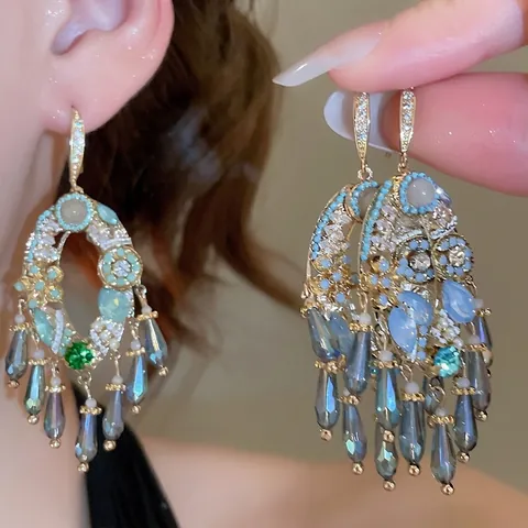Vintage Palace Tassel Drop Earrings With 925 Sterling Silver Earring Post Elegant Zircon Glass Oval Jewelry For Women