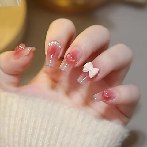 Press On Nails Pink Blush Gradient Long Square 3D White Bow Red Heart Artificial Pearl Sweet Elegant False Nails For Women