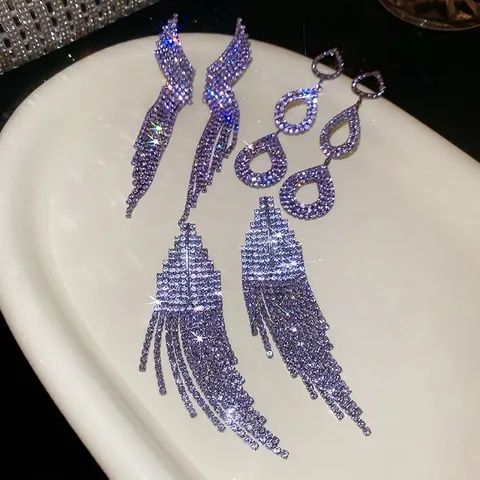 Lila Strass Lange Quaste Hängeohrringe Für Damen Mit 925 Sterling Silber Ohrstecker Wassertropfen Flügel Schmuck
