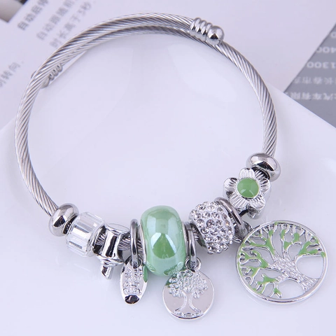 Tree Of Life Charm Bracelet Stainless Steel Wire Alloy Bangle With Crystal Enamel Beads Bohemian Jewelry For Women