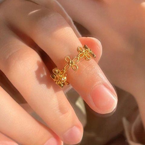 Hohlblumen Offener Ring Vergoldet Kupfer Verstellbar Floral Fingerschmuck Elegant Minimalistischer Stil Für Frauen