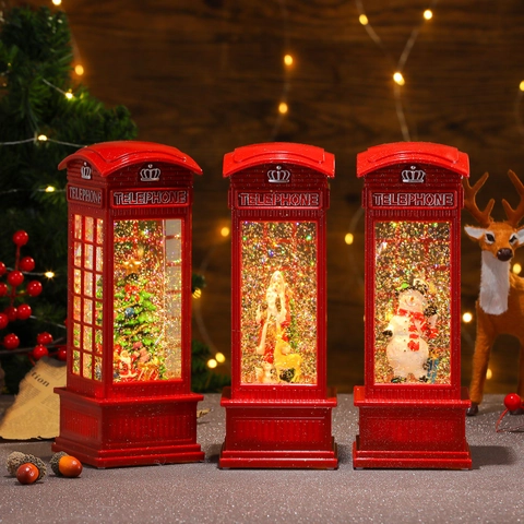 Linterna de Bola de Nieve de Cabina Telefónica de Navidad Con Música Luz LED Purpurina Giratoria Alimentado USB Decoración