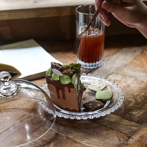 Présentoir À Gâteaux En Verre Transparent Avec Dôme Bord Perlé Assiette À Dessert Côtelée Plateau De Snack Décor Français
