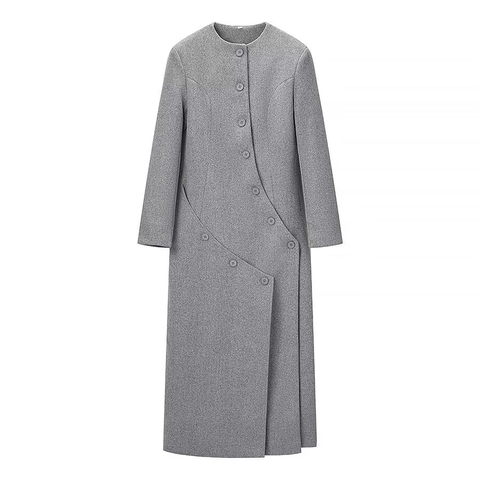 Dames Lange Wollen Jas Asymmetrisch Double Breasted Ronde Hals Herfst Winter Commuter Grijs Mode Jas Bovenkleding