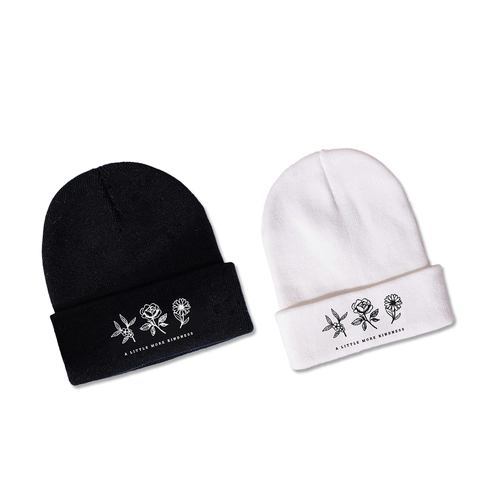Acrylic Beanie Hat With Flowers Embroidery And Slogan Folded Cuff Warm Knitted Cap For Winter Outdoor Unisex