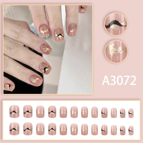 Short Square Press On Nails Nude Pink With Gold Foil And Black Wave Lines Simple Elegant Manicure For Women