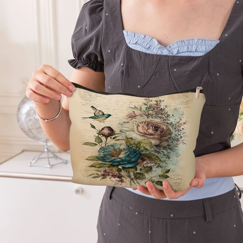 Neceser De Maquillaje Vintage De Lino Con Diseño De Flores Y Pájaros Bolsa De Aseo Con Cremallera Organizador De Viaje Para Mujer