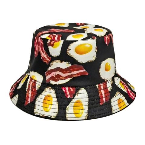 Bucket Hat Polyester Sonnenschutz Outdoor Reisen Spiegelei Speck Druck Kreativ Lustig Unisex
