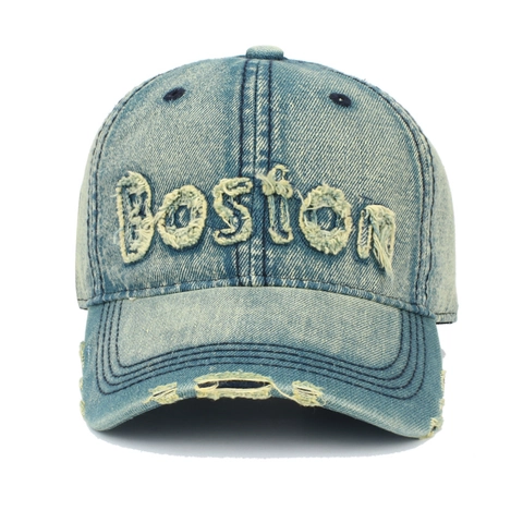 Berretto Da Baseball In Denim Distressed Ricamo Boston Cotone Lavato Stile Retro Cappello Regolabile Unisex