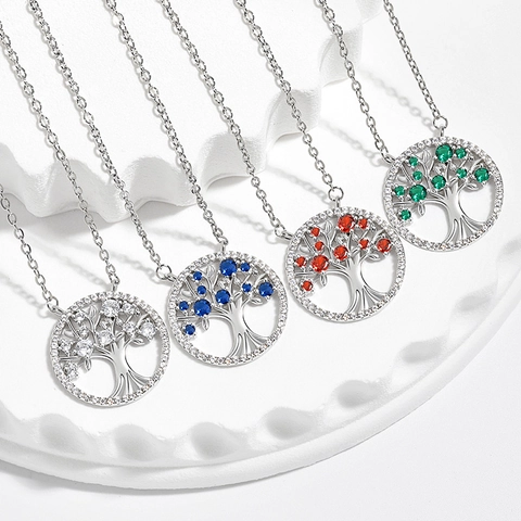 Tree Of Life Pendant Necklace Copper With Colorful Cubic Zirconia Bohemian Religious Vintage Jewelry For Women
