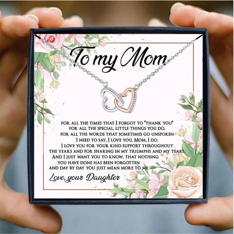 Collier Double Cœur Entrelacé Maman Cadeau Fête Des Mères Cuivre Plaqué Or Rose Pendentif Zircon Emballage Carte Bijoux