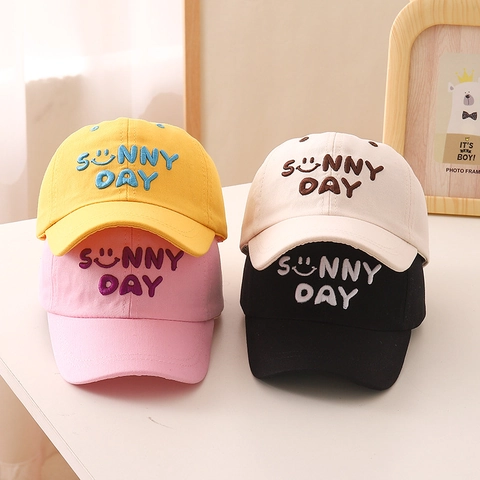 Kids Baseball Cap Cotton Sunny Day Letter Embroidery Smiley Face Sun Hat For Boys Girls Adjustable Soft Breathable