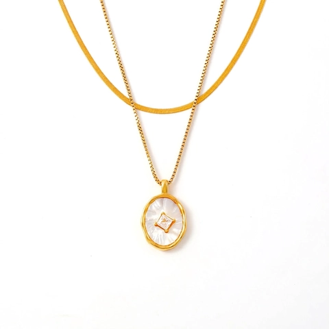 Collar con Colgante de Elipse Vintage Francés Perla Artificial Acero de Titanio Circonia Bañado en Oro 18K Mujer