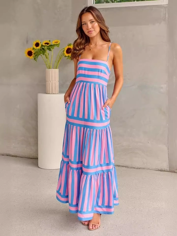 Women Striped Cami Maxi Dress Tiered Layered Backless Summer Sun Dress With Pockets Polyester Spandex Sleeveless Casual