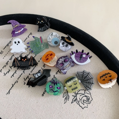 Halloween Funny Acrylic Hair Claw Clip Small Ghost Pumpkin Black Bat Cartoon Glitter Hair Accessories For Party Women Kids