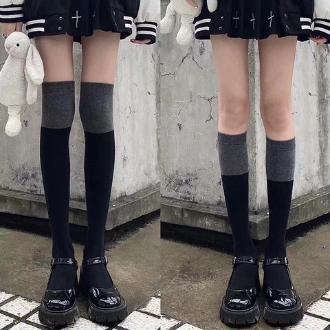 Women Color Block Patchwork High Tube Socks Polyester Knit Over The Knee Calf Socks Dark Academia Gothic Style