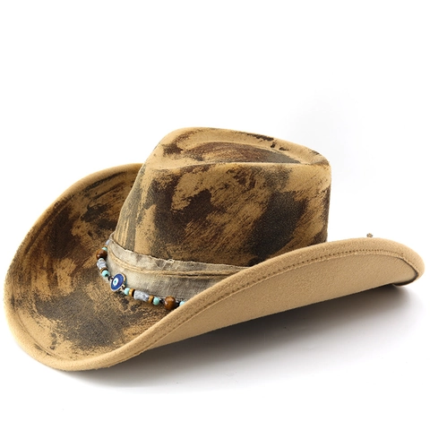 Western Cowboyhut Distressed Brandeffekt Breite Krempe Polyester Filzhut Sonnenschutz Retro Stil Mit Evil Eye Perlen