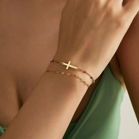 18K Gold Plated Stainless Steel Double Layer Bracelet Colorful Beads Cross Heart Horseshoe Pendant Adjustable Women Jewelry