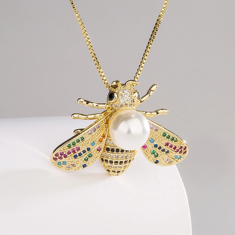 Collana Con Pendente A Forma Di Ape E Scorpione In Rame Placcato Oro Zirconia Colorata Perla Artificial Imitazione Gioielli Moda Donna