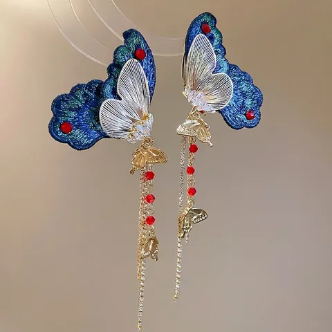 Boucles D'oreilles Papillon À Franges Avec Tissu Brodé Zircon Strass Tige En Argent Style Palais Vintage Pour Femmes