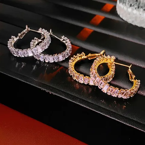 Square Baguette Cut Zircon Hoop Earrings Alloy Geometric Jewelry With Silver Earring Post For Women